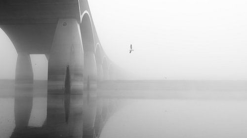 Stadsbrug De Oversteek in de mist van Thomas van Houten