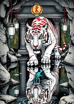 Tigre blanc à rayures rouges - Réflexion dans une grotte chinoise sur MIROKKU