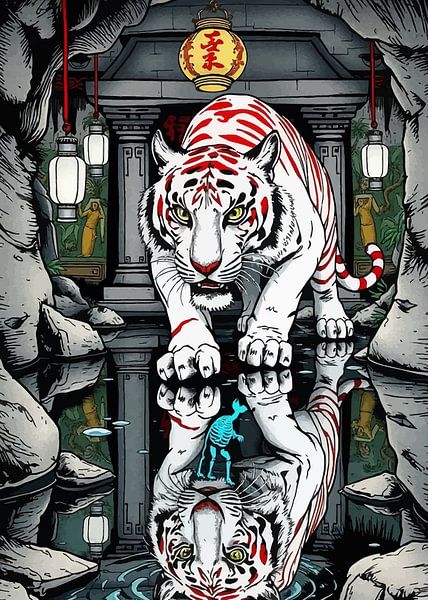 Tigre blanc à rayures rouges - Réflexion dans une grotte chinoise par MIROKKU