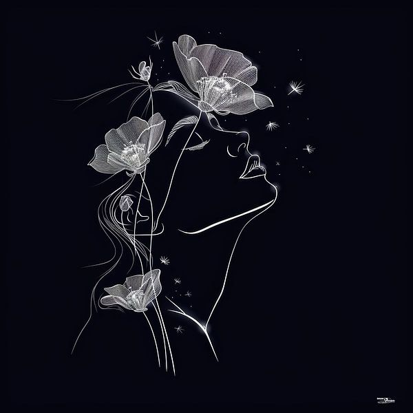 Strichzeichnung einer Frau mit einer Blume von Gelissen Artworks