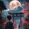 Japanese street with torii gate and moon by robby akrim