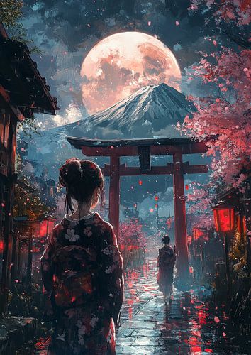 Japanische Straße mit Torii-Tor und Mond von Lufy