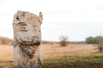 Hölzernes Wahrzeichen in Maasorst. Ein aus Holz geschnitzter europäischer Bison von Marc van den Elzen