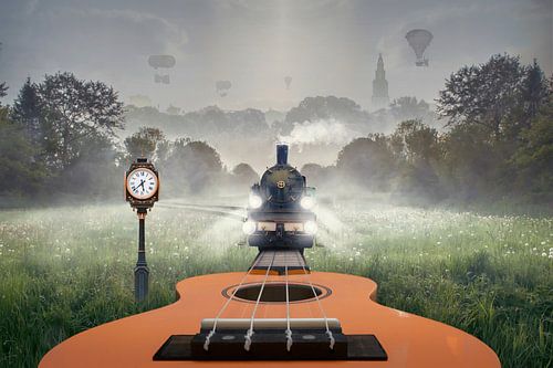 Steampunk Beeldbewerking: Treinspoor Overlopend in een Ukelele - Unieke Wanddecoratie