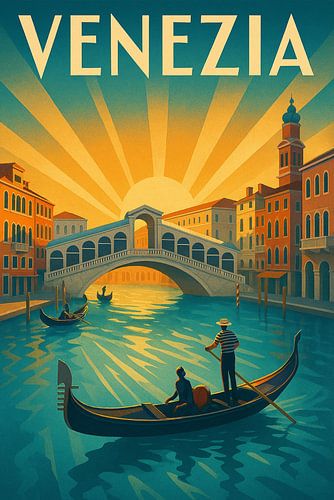 Venezia Art Deco Travel Poster – Rialto Bridge & Gondolas
