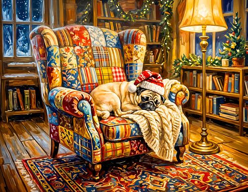 Whimsical Christmas Armchair Sleeping Mops Illustration