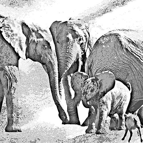 Elephants at a waterhole monochrome mixed media