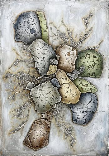 Composition abstraite de pierres fissurées colorées et de formes ramifiées blanches