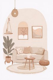 Boho Cozy Living Room Wall Art - Muted Earth Tones Watercolor Interior Print with Sofa and Plants by VICTOR S