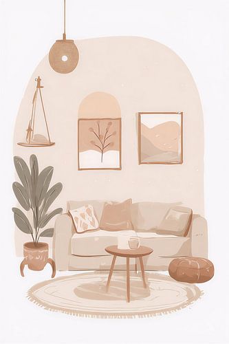 Boho Cozy Living Room Wall Art - Muted Earth Tones Watercolor Interior Print with Sofa and Plants