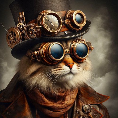 kat in steampunk, met hoed en bril