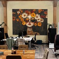 Klantfoto: Bloemen vrouw | Vrouw en kleurrijke bloemenkrans van Kunst Kriebels, als ArtFrame