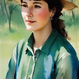 Impressionistisches Porträt junge Frau mit beigem Hut von Maud De Vries