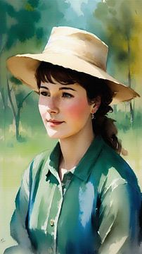 Impressionistisch portret jonge vrouw met beige hoed van Maud De Vries
