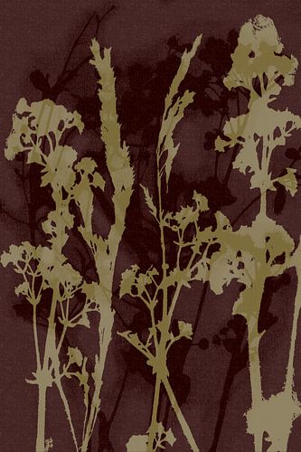 Puur landelijk. Moderne botanische kunst. Weidebloemen in mosterd en wijnrood.