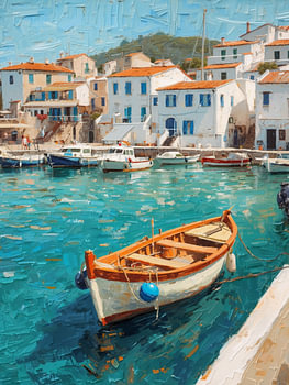 Peinture représentant des bateaux de pêche dans un port côtier