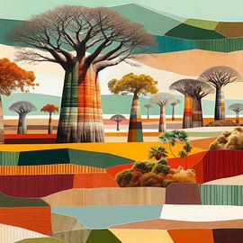Collage/mixed media African landscape with baobab trees by Lois Diallo