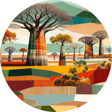 Collage/mixed media Afrikaans landschap met baobab bomen van Lois Diallo
