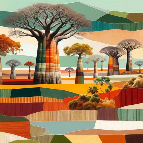 Collage/mix média Paysage africain avec baobabs
