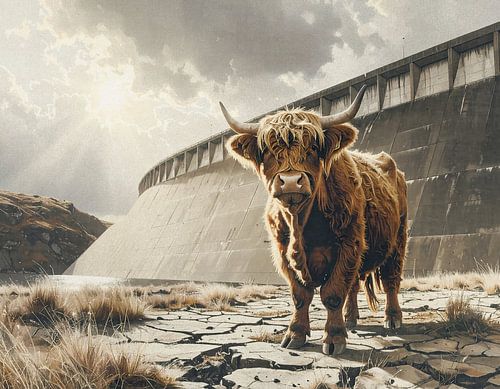 Schotse hooglander bij stuwdam