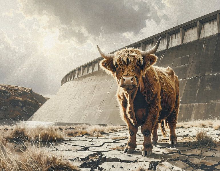 Scottish highlander at dam by Emiel de Lange