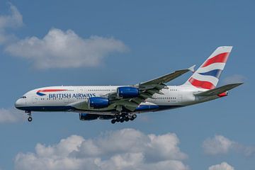 British Airways Airbus A380 in landing photographed at London Heathrow Airport. by Jaap van den Berg