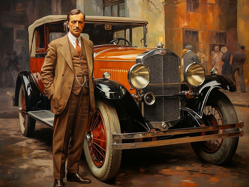Amerikanischer Geschäftsmann und Auto im Straßenstil der 1920er Jahre von Animaflora PicsStock