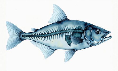 Blue watercolor fish showing skeleton anatomy