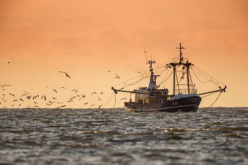 un cotre de pêche au coucher du soleil