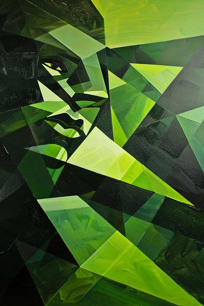Modern cubist face in shades of green by Art & Soul Creations