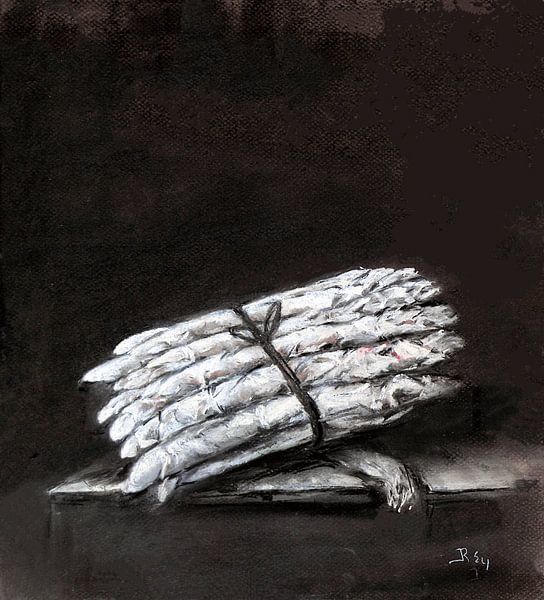 Witte asperges, stilleven. Handgetekend met houtskool. van Ineke de Rijk