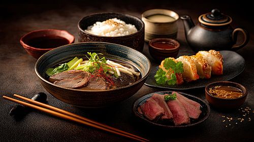Japanse keuken met ramen, rijst en sushi