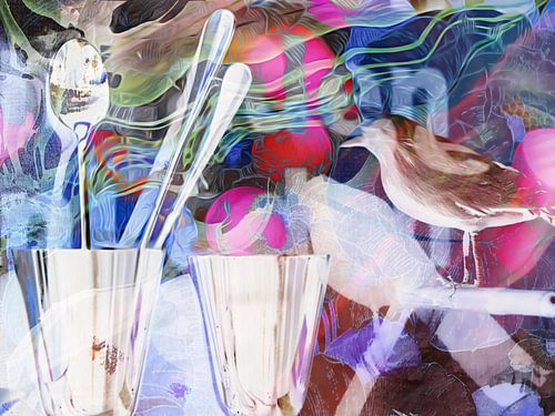 Oiseaux, verre et couverts