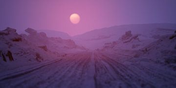 Bandensporen in een wintersneeuwlandschap bij zonsondergang. van Ysbrand Cosijn