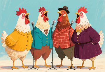 Porträtillustration von singenden Hähnen auf dem Lande