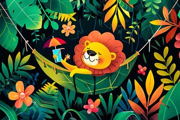 Relaxed lion in jungle hammock by Art & Soul Creations