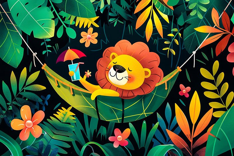 Relaxed lion in jungle hammock by Art & Soul Creations