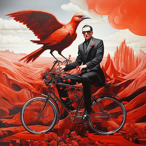 Surreal person bicycle bird rugged landscape mysterious