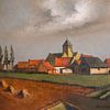 Zicht op een Belgisch dorpje en weilanden met kerkje, huizen en boerdrijen.  Olieverf op doek. van Galerie Ringoot