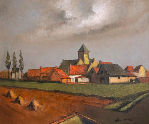 Zicht op een Belgisch dorpje en weilanden met kerkje, huizen en boerdrijen.  Olieverf op doek.