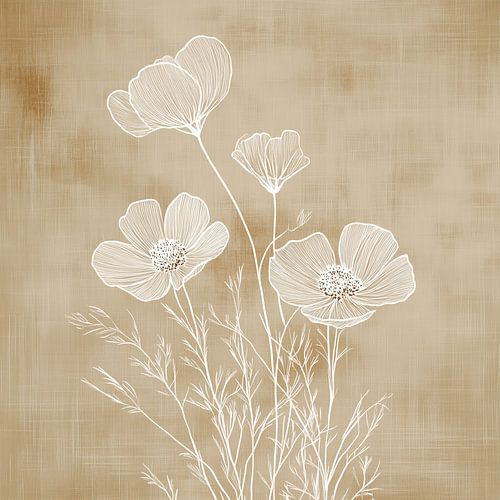 Delicate Flowers in Line Drawing on Light Brown