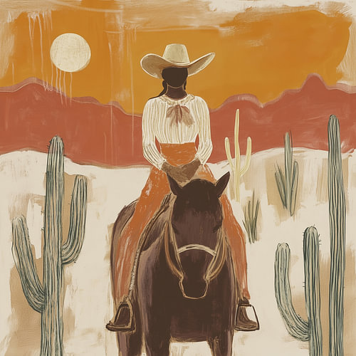 Warmth in soft earth tones – a stylish cowgirl on horseback in tone-on-tone terracotta