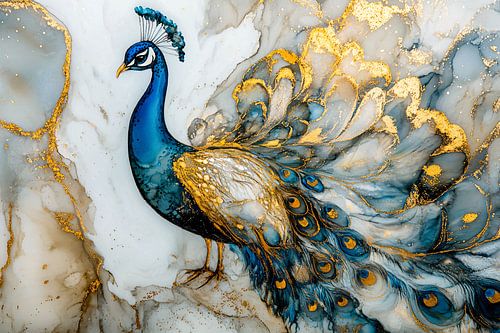 Pauw in blauw en goud