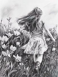 Portrait en noir et blanc d'une fille dans l'herbe sur PixelPrestige