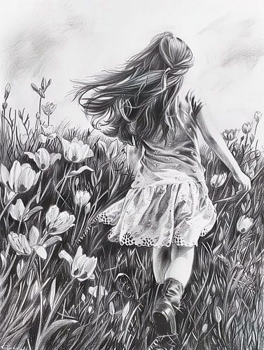 Zwart wit portret meisje in het gras