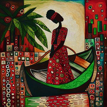 Afrikanische Frau in einem kleinen Boot denkt über ihre Zukunft nach