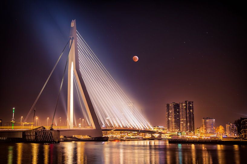 Erasmus bridge Rotterdam during lunar eclipse by Chris Snoek