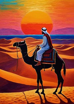 Arabische kameelrijder woestijn zonsondergang van MIROKKU
