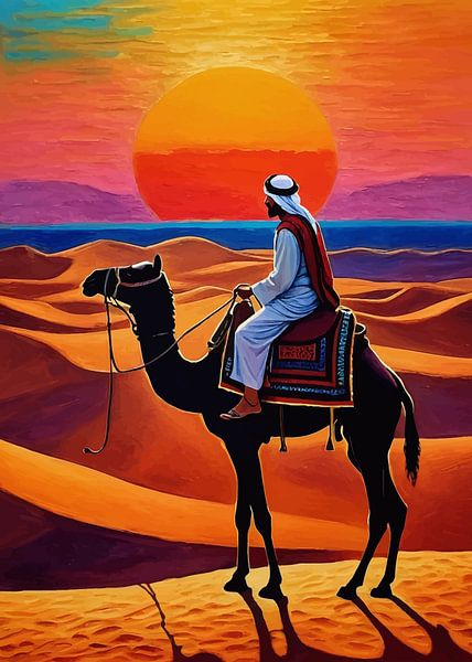 Cavalier de chameau arabe Coucher de soleil sur le désert par MIROKKU