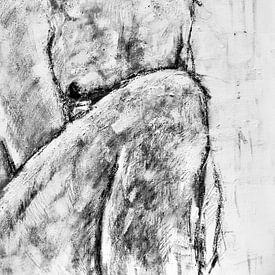 Gemälde eines nackten männlichen Modells in Schwarz-Weiß. von Therese Brals